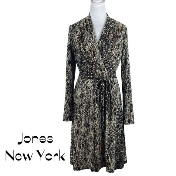 Jones New York Brown Tan Animal Print Faux Wrap Career Dress NWOT Size 8 - Picture 2 of 13